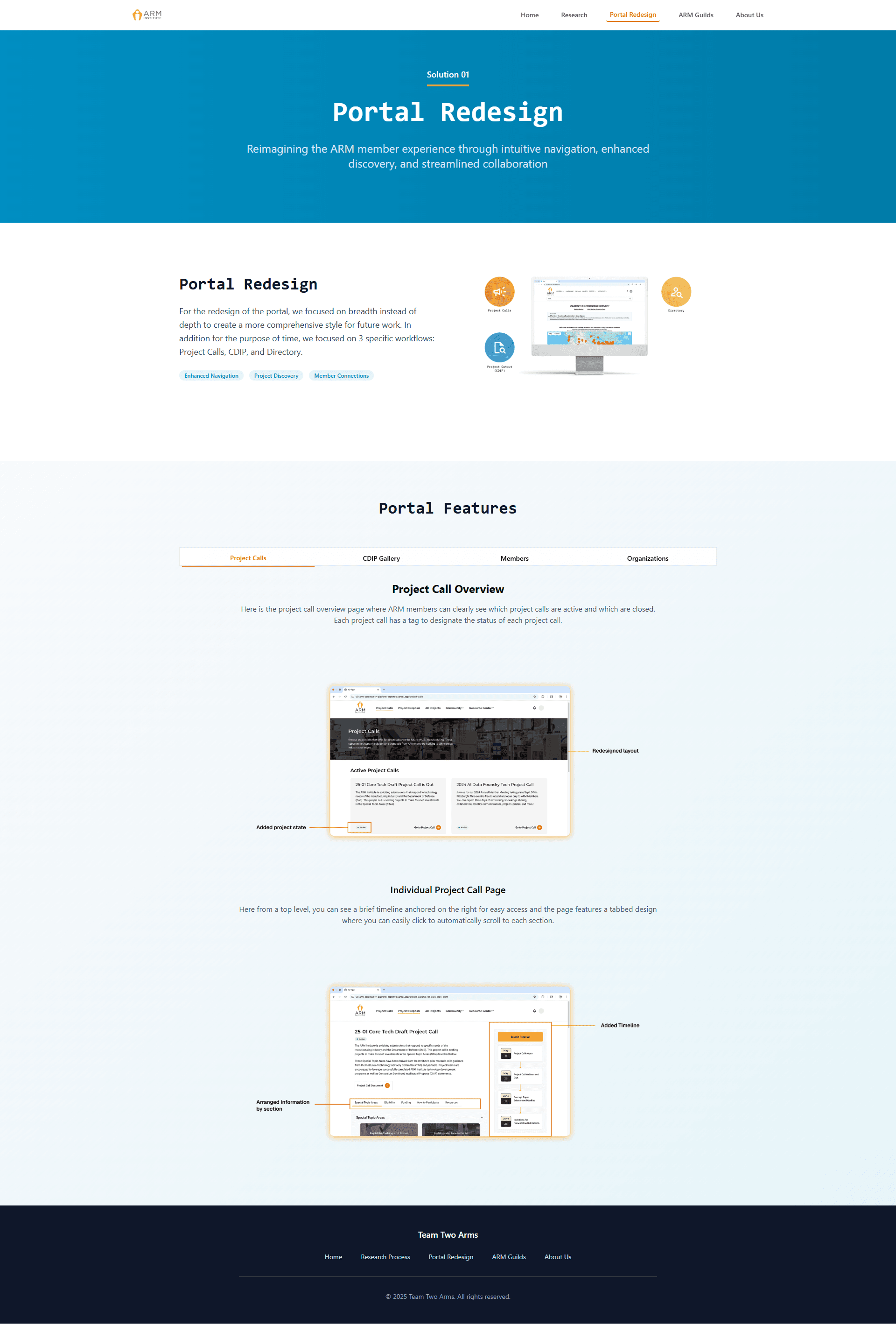 Public project page showing the ARM member portal redesign and selected portal screens