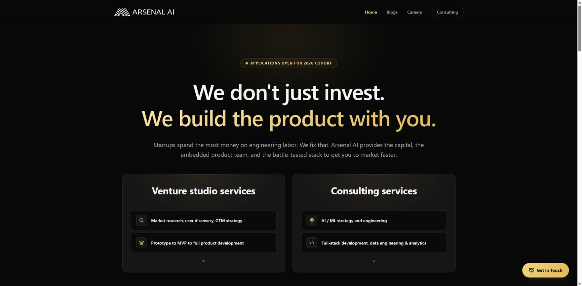 Arsenal AI public homepage showing the black, white, and gold visual system across the hero and service cards