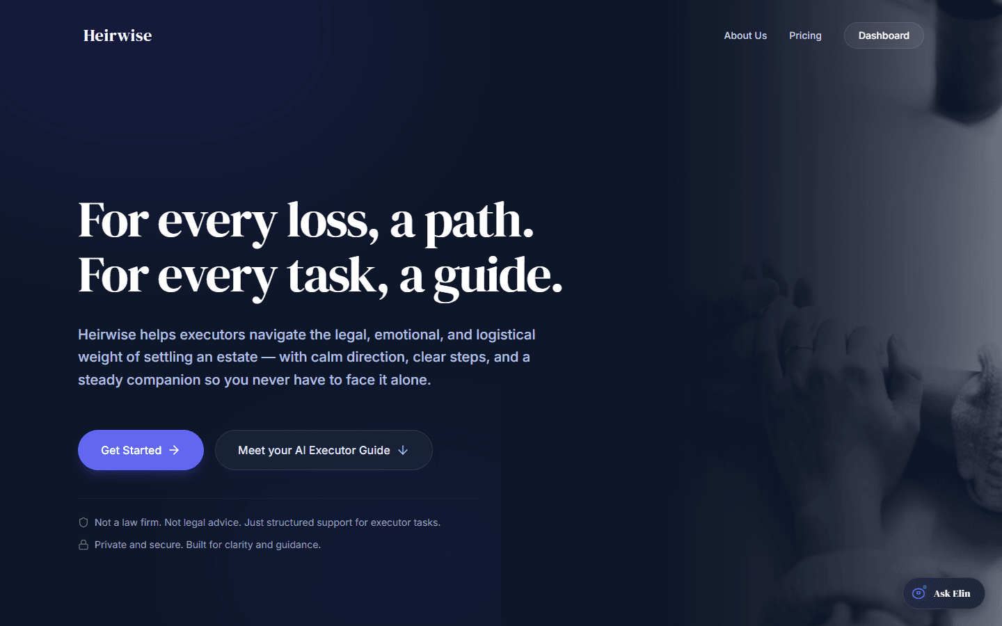 The Heirwise public landing page: 'For every loss, a path. For every task, a guide.'